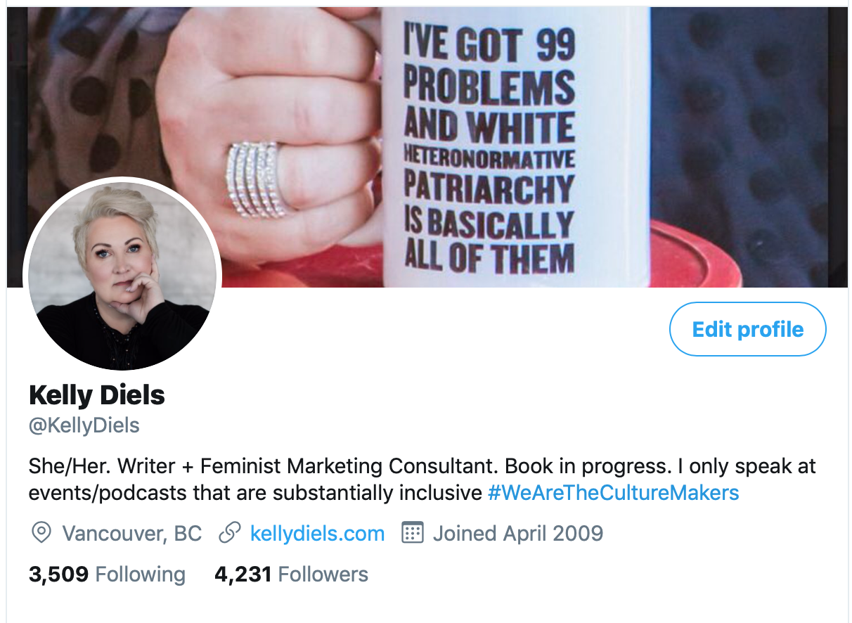 Screenshot of Kelly Diels' Twitter profile