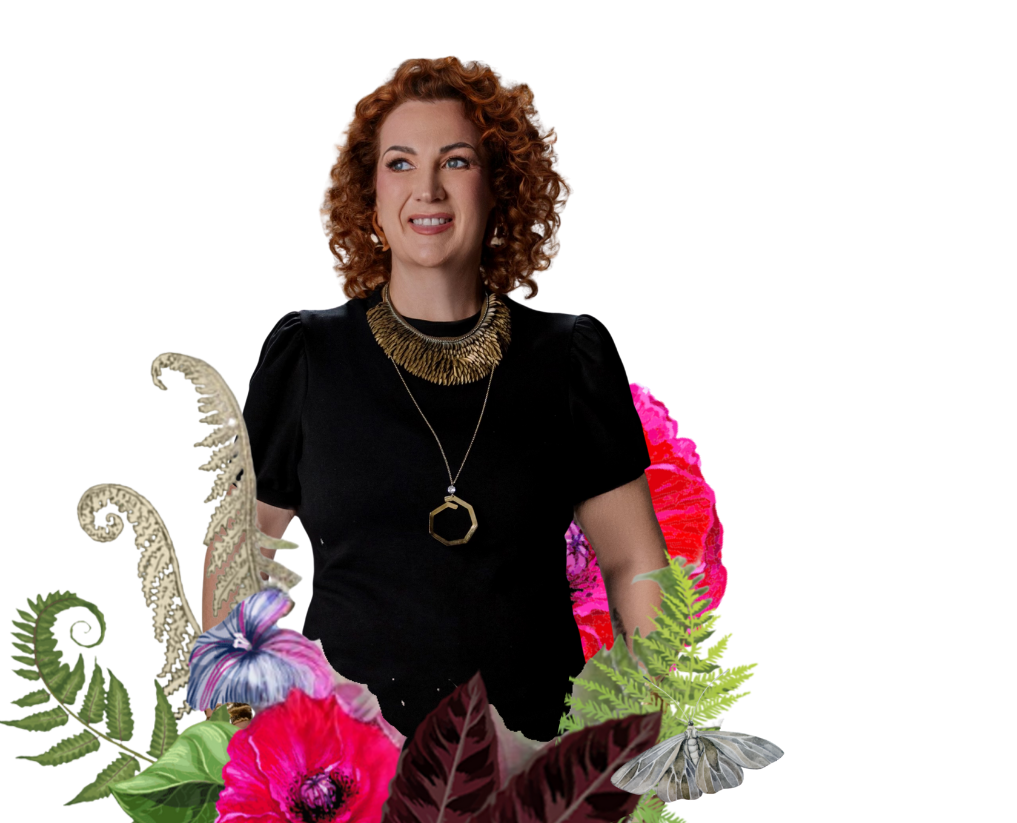Kelly Diels, red hair, surrounded by botanicals
