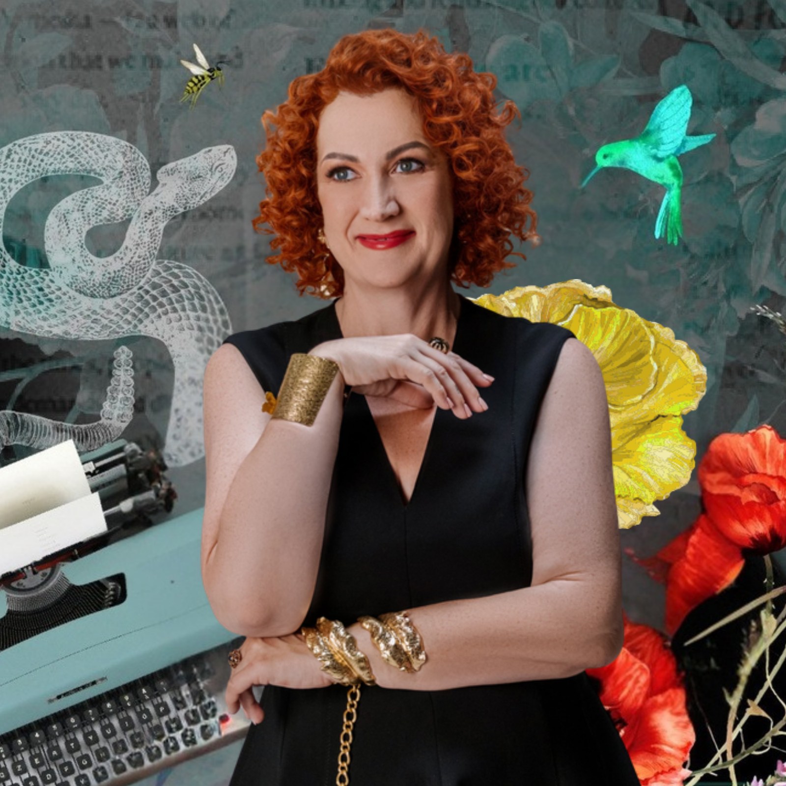 Kelly Diels, red hair, in a black dress with florals